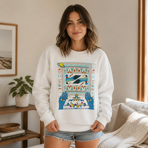 Model wearing the Folk Art Whale Sweatshirt