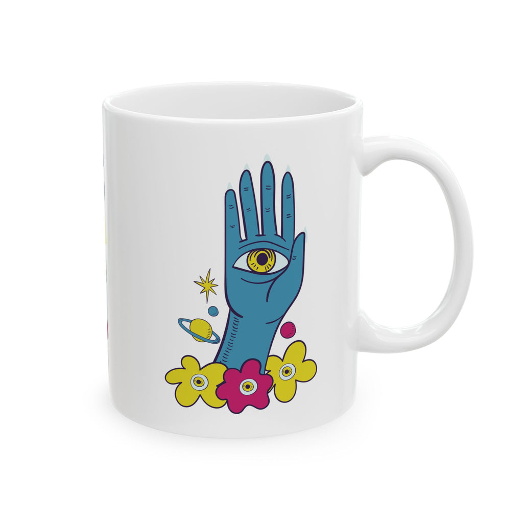 Mystic Hand Coffee Mug 11oz - Blue Hamsa All-Seeing Eye Ceramic Mug, Boho Celestial Floral Tea Cup Gift