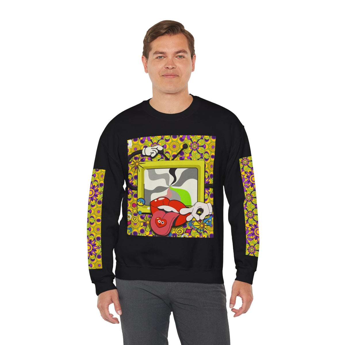 Psychedelic Tongue & TV Illustration Sweatshirt | Kaleidoscope Sleeve Art