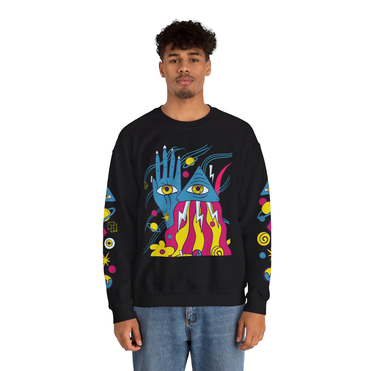 Psychedelic Third Eye Hand Sweatshirt - Cosmic All-Seeing Eye Crewneck with Neon Floral Sleeve Print