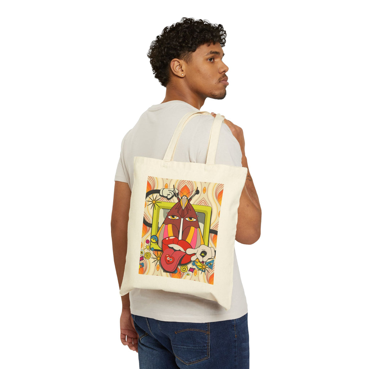 Abstract Retro Face Art Tote | Psychedelic Floral 70s Pattern