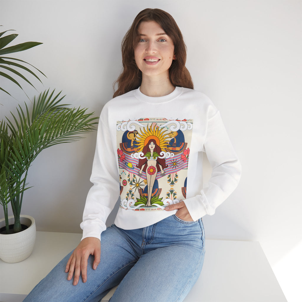 Sun Goddess Illustration Crewneck Sweatshirt | Retro Boho Floral Art