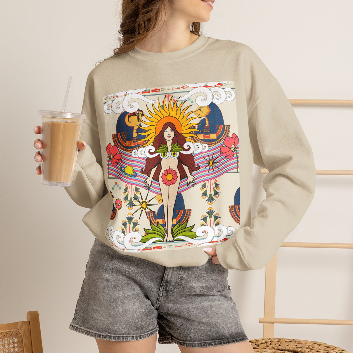 Sun Goddess Illustration Crewneck Sweatshirt | Retro Boho Floral Art