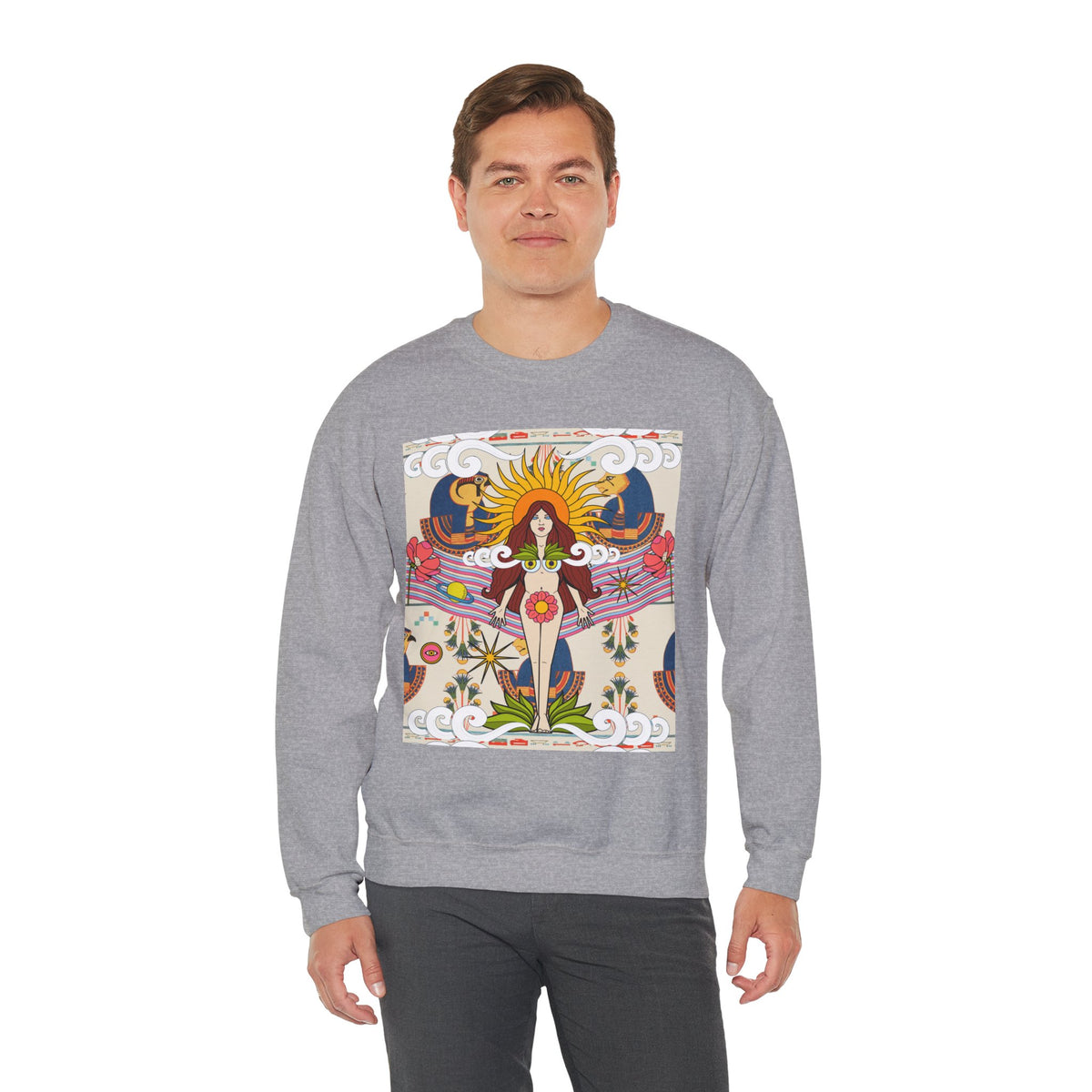 Sun Goddess Illustration Crewneck Sweatshirt | Retro Boho Floral Art