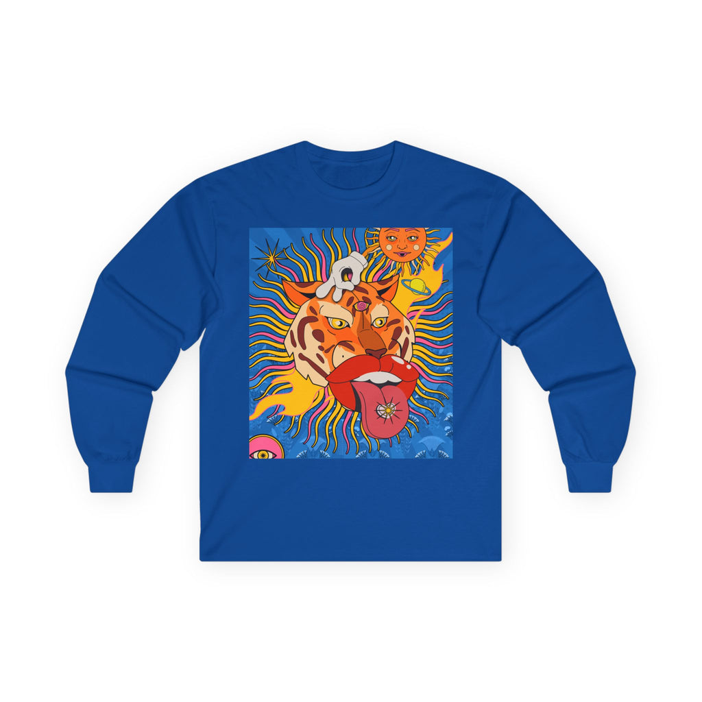 Psychedelic Sun Tiger Face long sleeve tee | Blue Hands Back Graphic