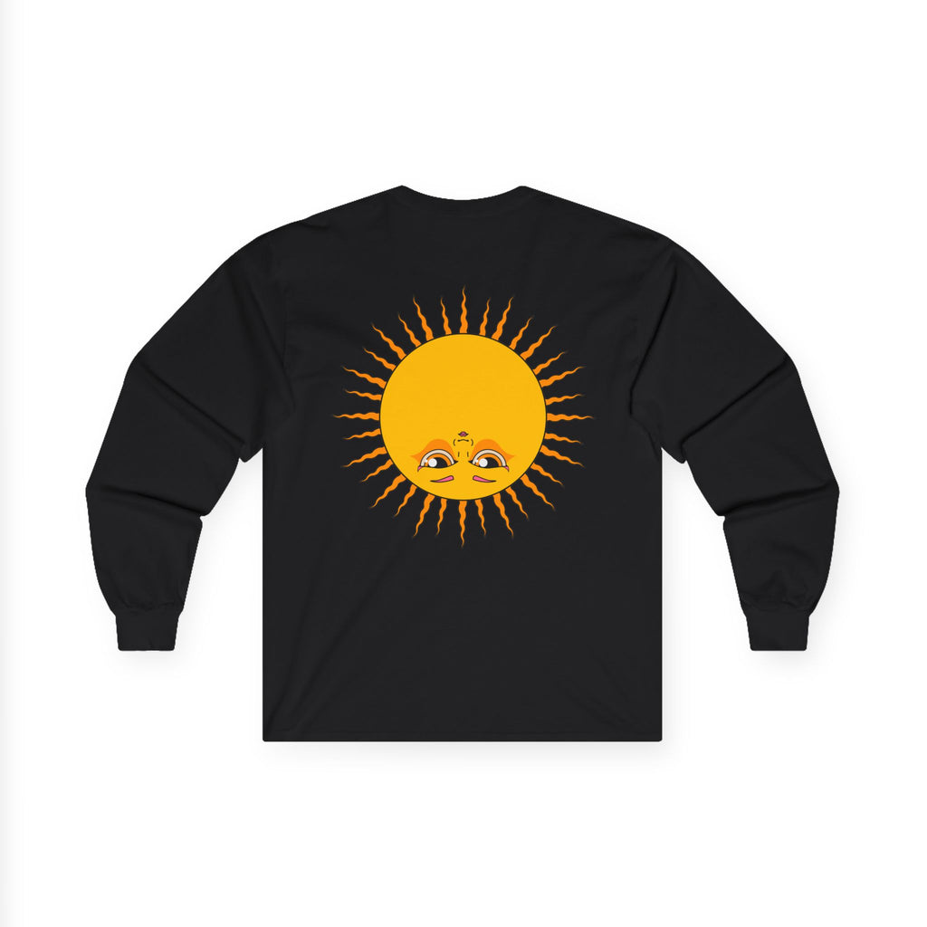 Psychedelic Sun Long Sleeve Shirt - Retro 70s Trippy Portrait Graphic Tee with Smiling Sun Back Print