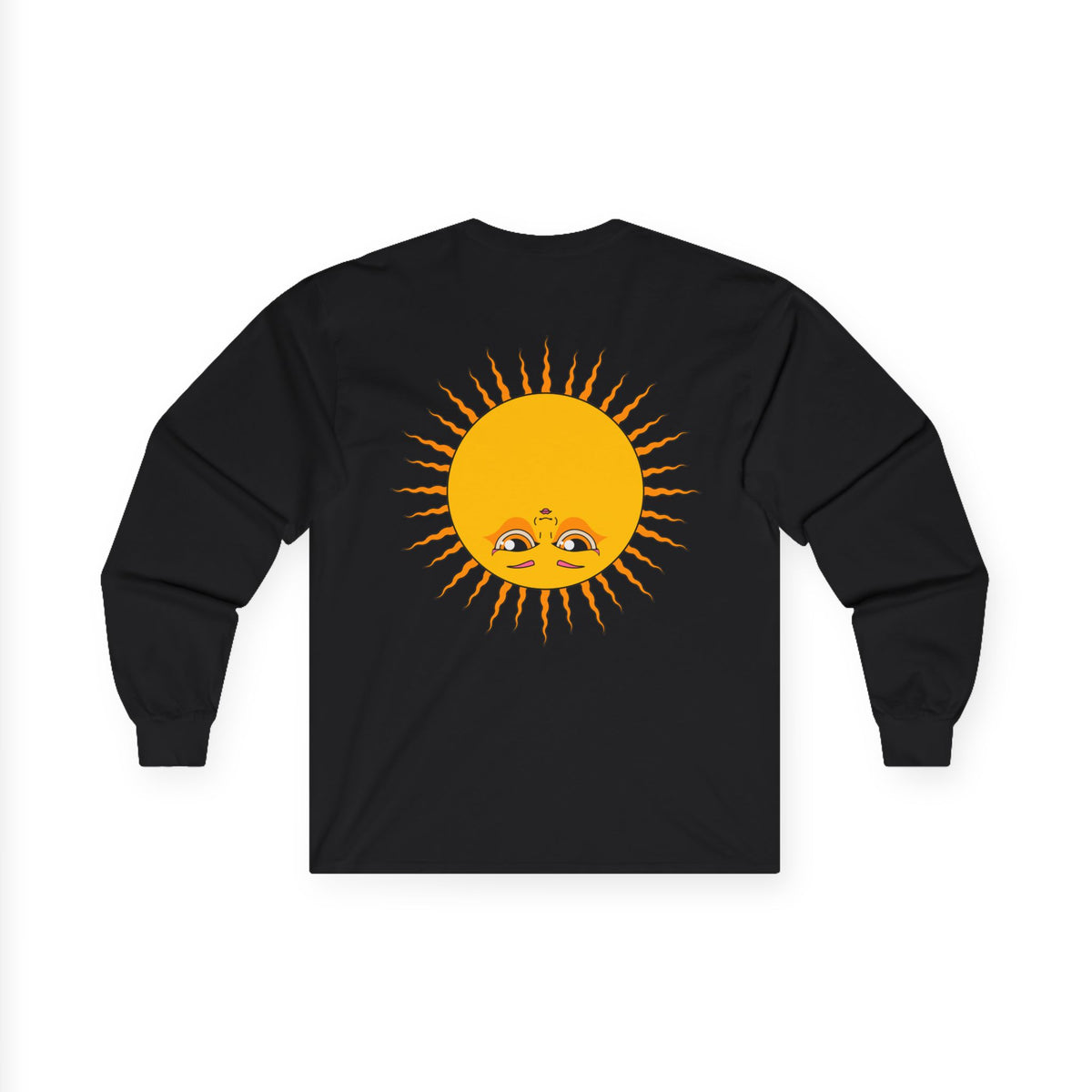 Psychedelic Sun Long Sleeve Shirt - Retro 70s Trippy Portrait Graphic Tee with Smiling Sun Back Print