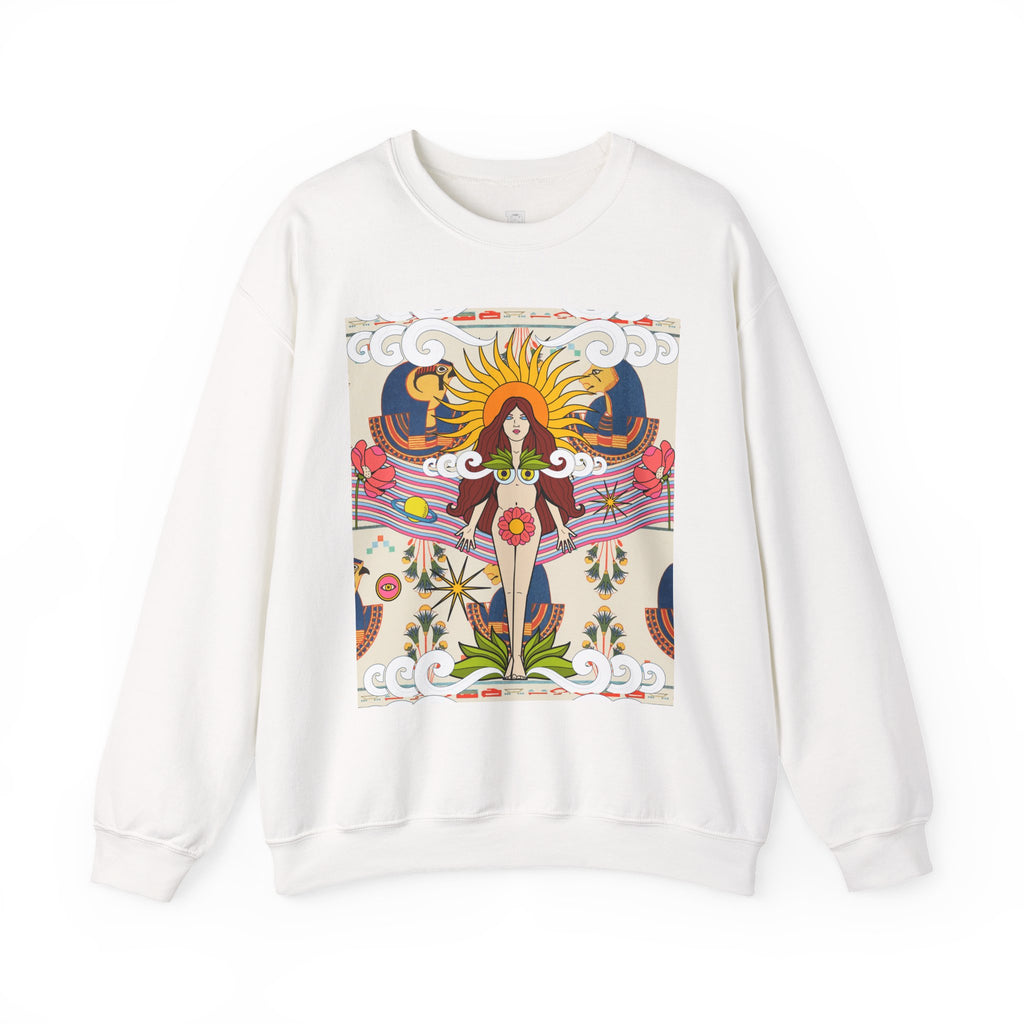 Sun Goddess Illustration Crewneck Sweatshirt | Retro Boho Floral Art