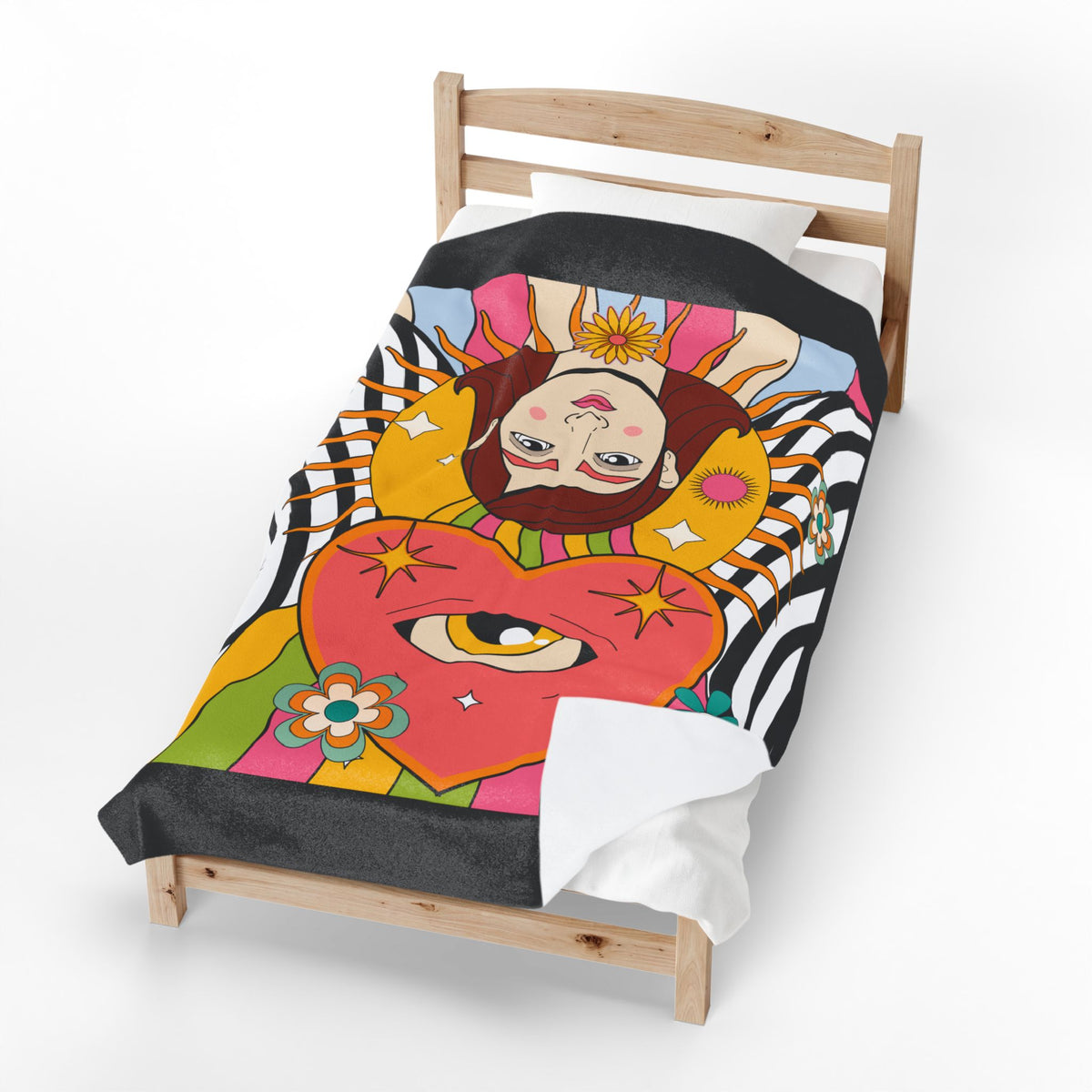 Psychedelic Heart Eye Illustration Velveteen Plush Blanket | Retro Rainbow Floral