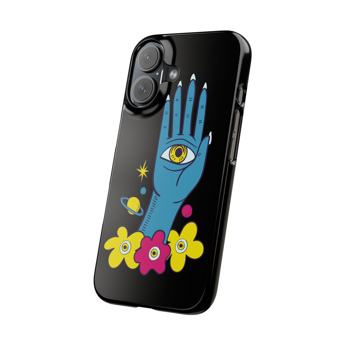 Mystic Hand iPhone 16 Case - Blue Hamsa All-Seeing Eye Phone Case, Boho Celestial Floral Glossy Case