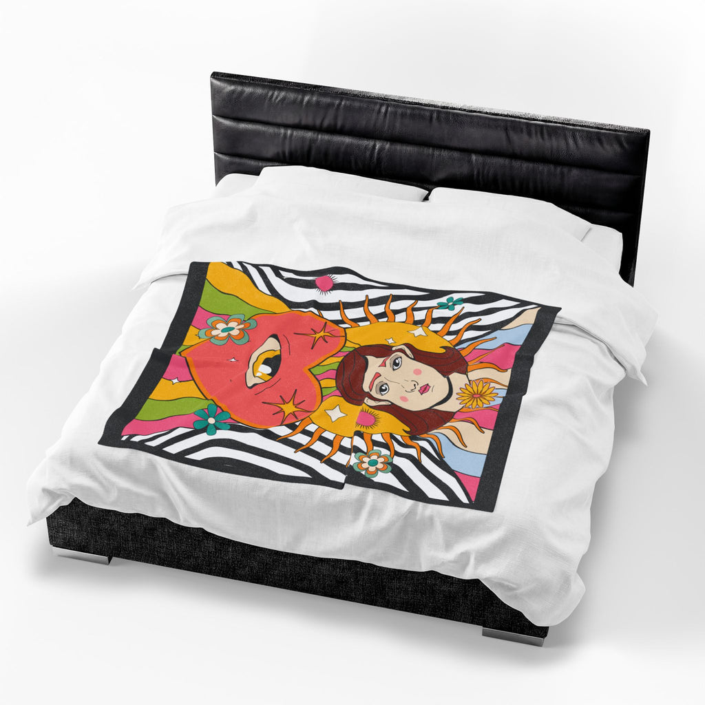 Psychedelic Heart Eye Illustration Velveteen Plush Blanket | Retro Rainbow Floral