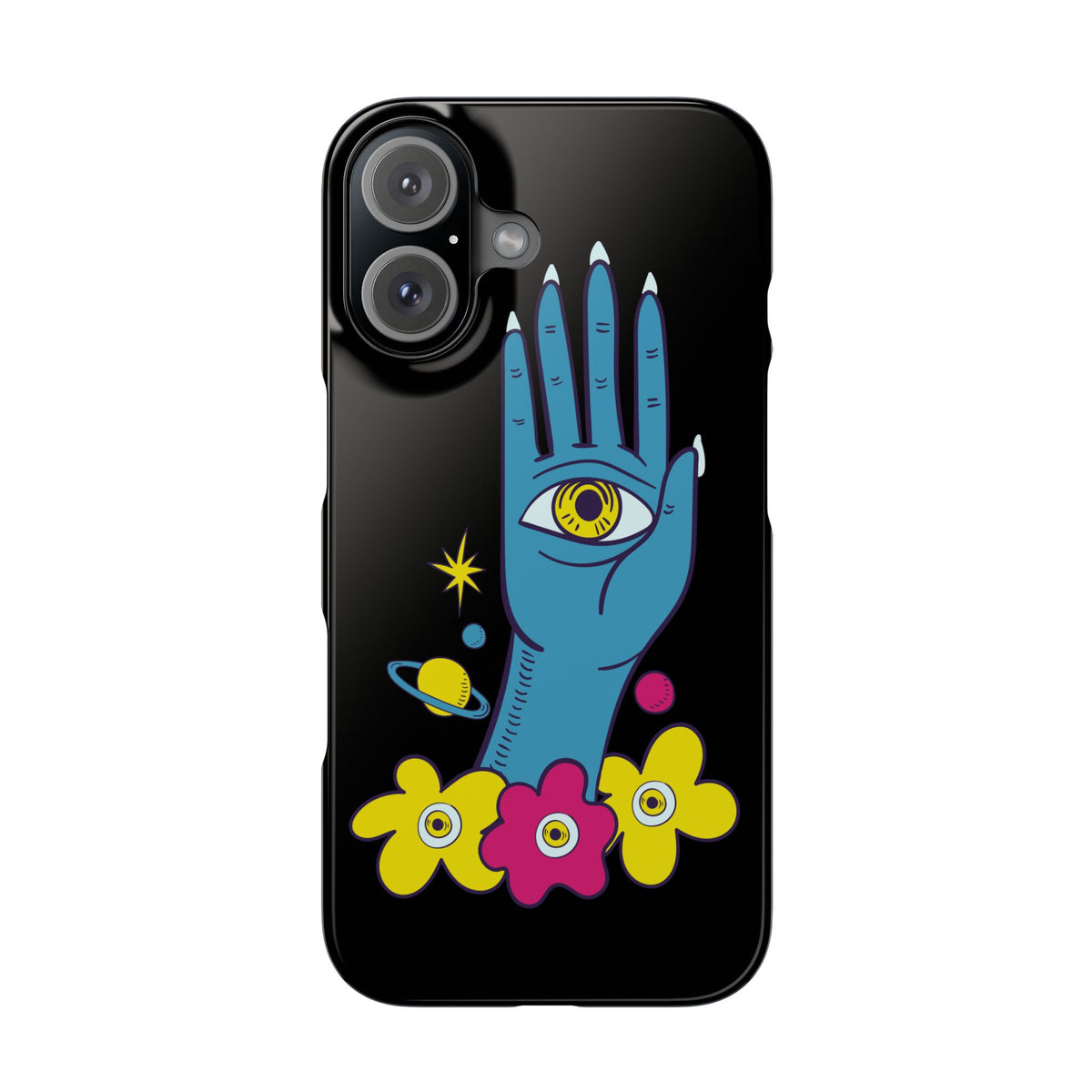 Mystic Hand iPhone 16 Case - Blue Hamsa All-Seeing Eye Phone Case, Boho Celestial Floral Glossy Case