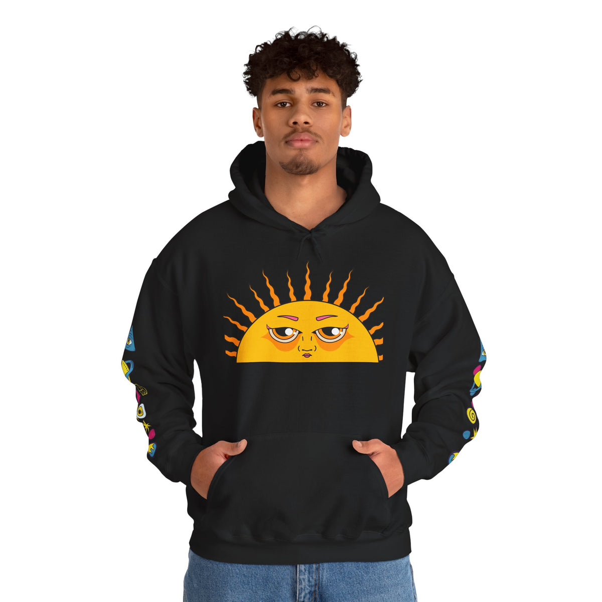 Sleepy Sun Hoodie - Psychedelic Retro 70s Sunrise Graphic Sweatshirt with Sleeve Print