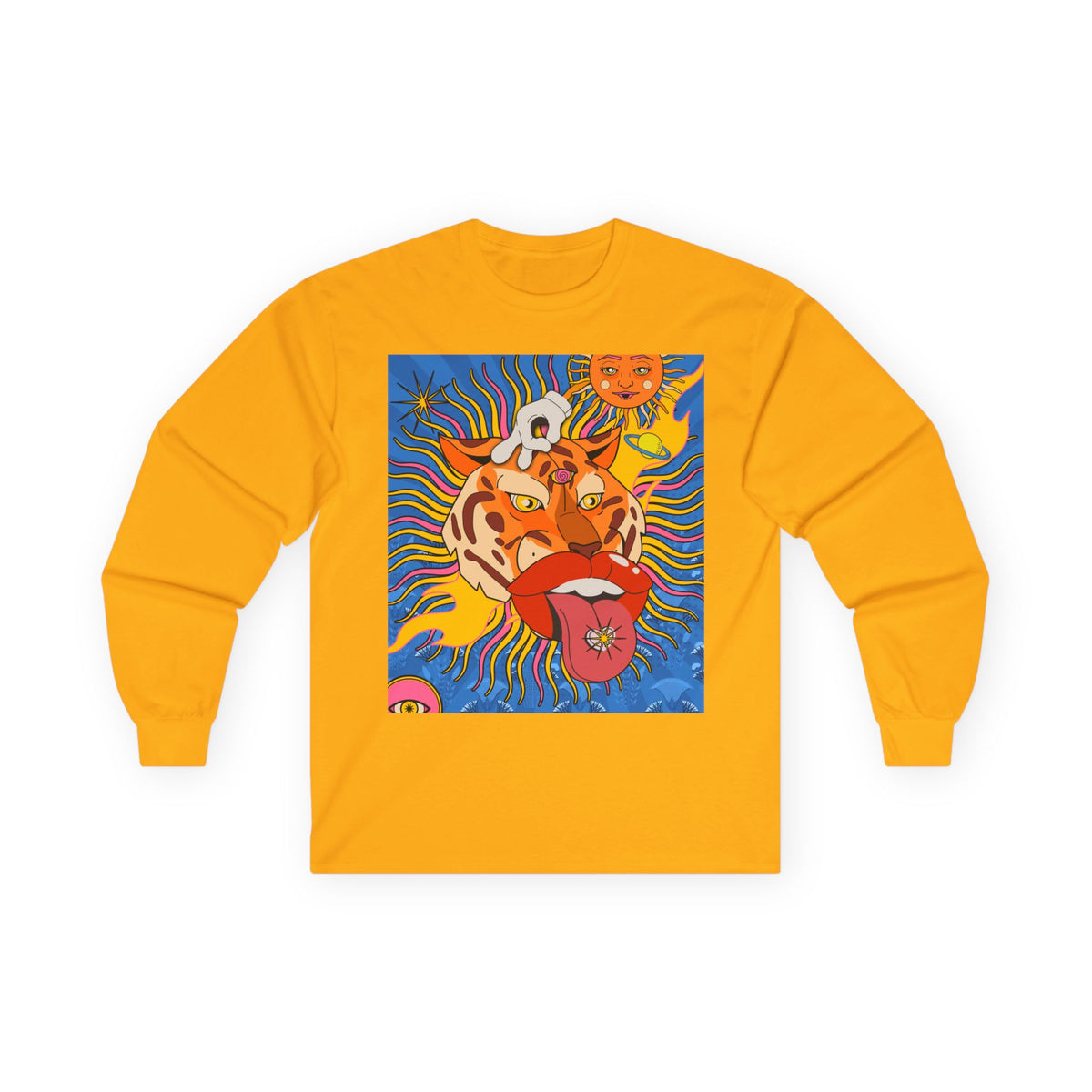 Psychedelic Sun Tiger Face long sleeve tee | Blue Hands Back Graphic