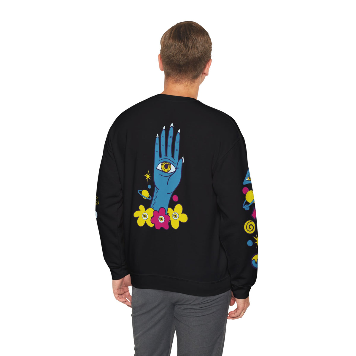 Psychedelic Third Eye Hand Sweatshirt - Cosmic All-Seeing Eye Crewneck with Neon Floral Sleeve Print