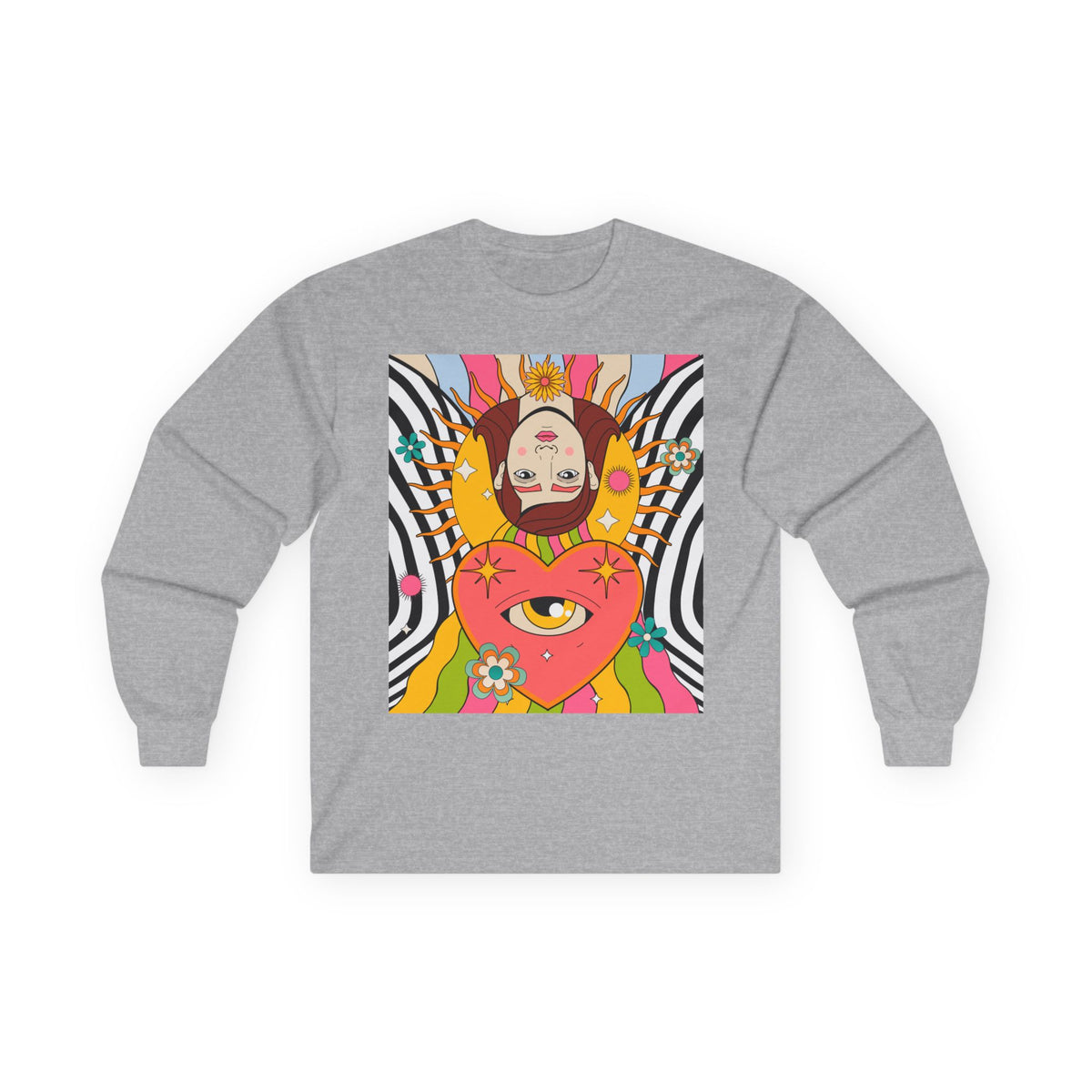 Psychedelic Sun Long Sleeve Shirt - Retro 70s Trippy Portrait Graphic Tee with Smiling Sun Back Print