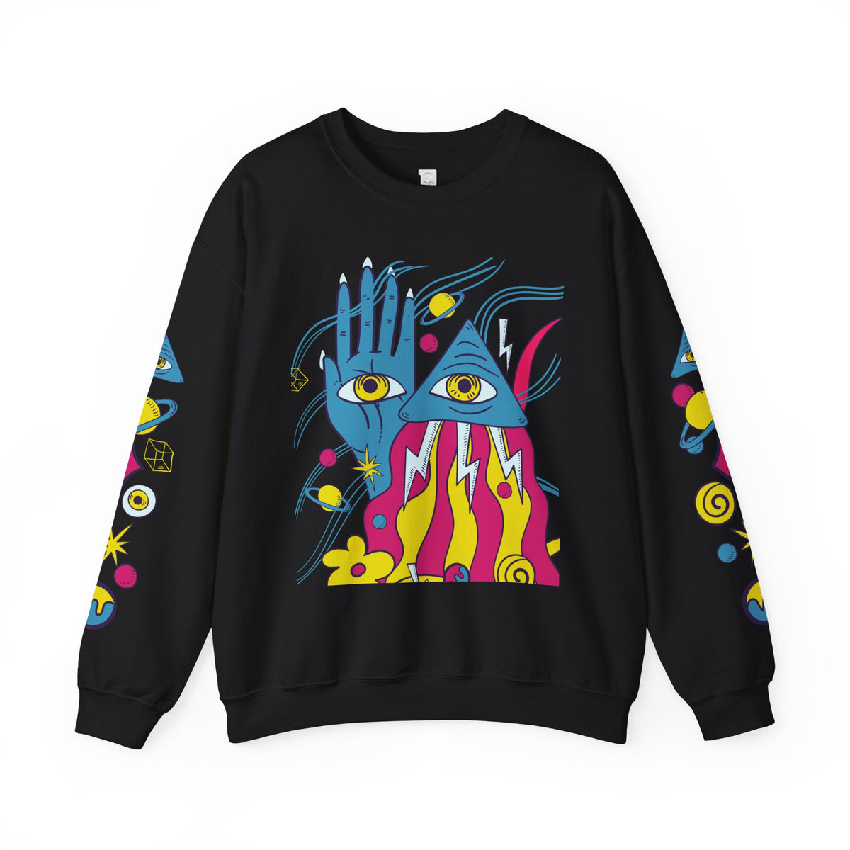 Psychedelic Third Eye Hand Sweatshirt - Cosmic All-Seeing Eye Crewneck with Neon Floral Sleeve Print