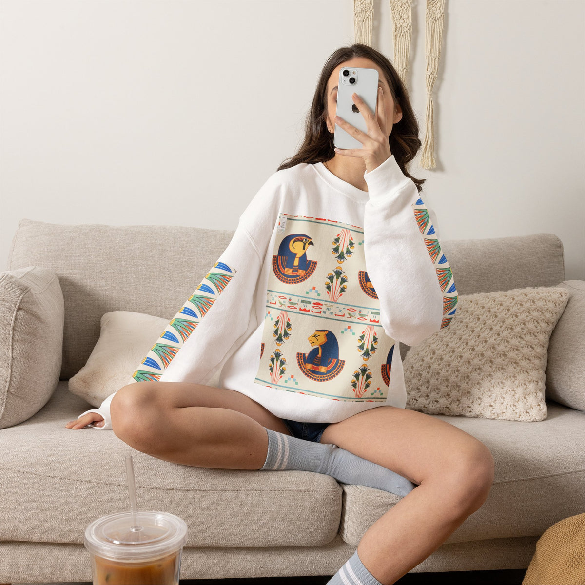 Egyptian Horus Pattern Sweatshirt | Retro Folk Art Crewneck