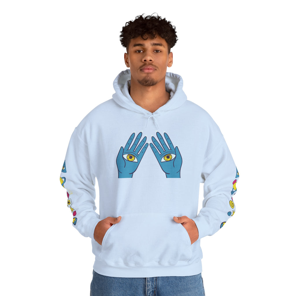 Blue Hand Eyes hoodie | Psychedelic Pattern Hoodie, Sleeve Graphic