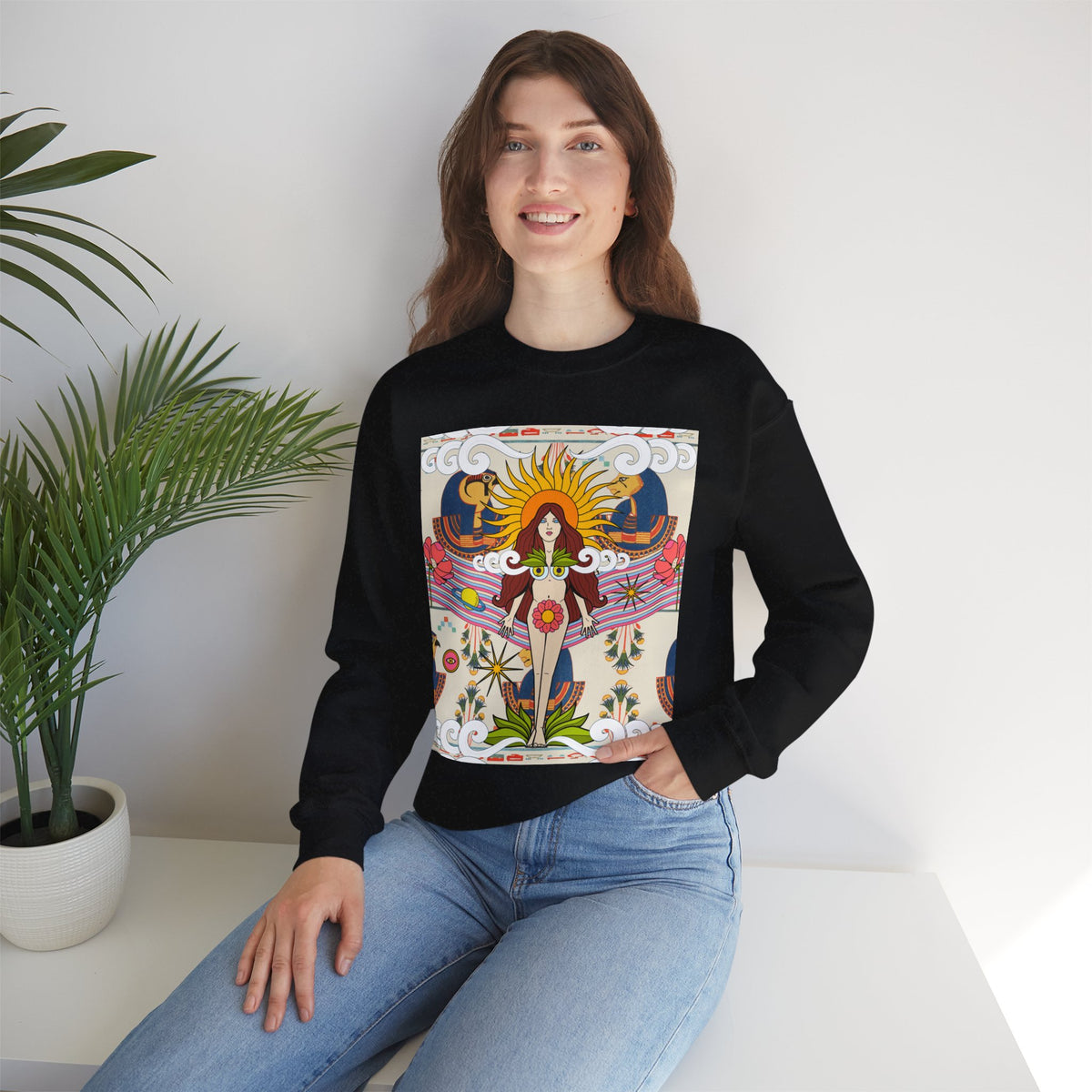 Sun Goddess Illustration Crewneck Sweatshirt | Retro Boho Floral Art