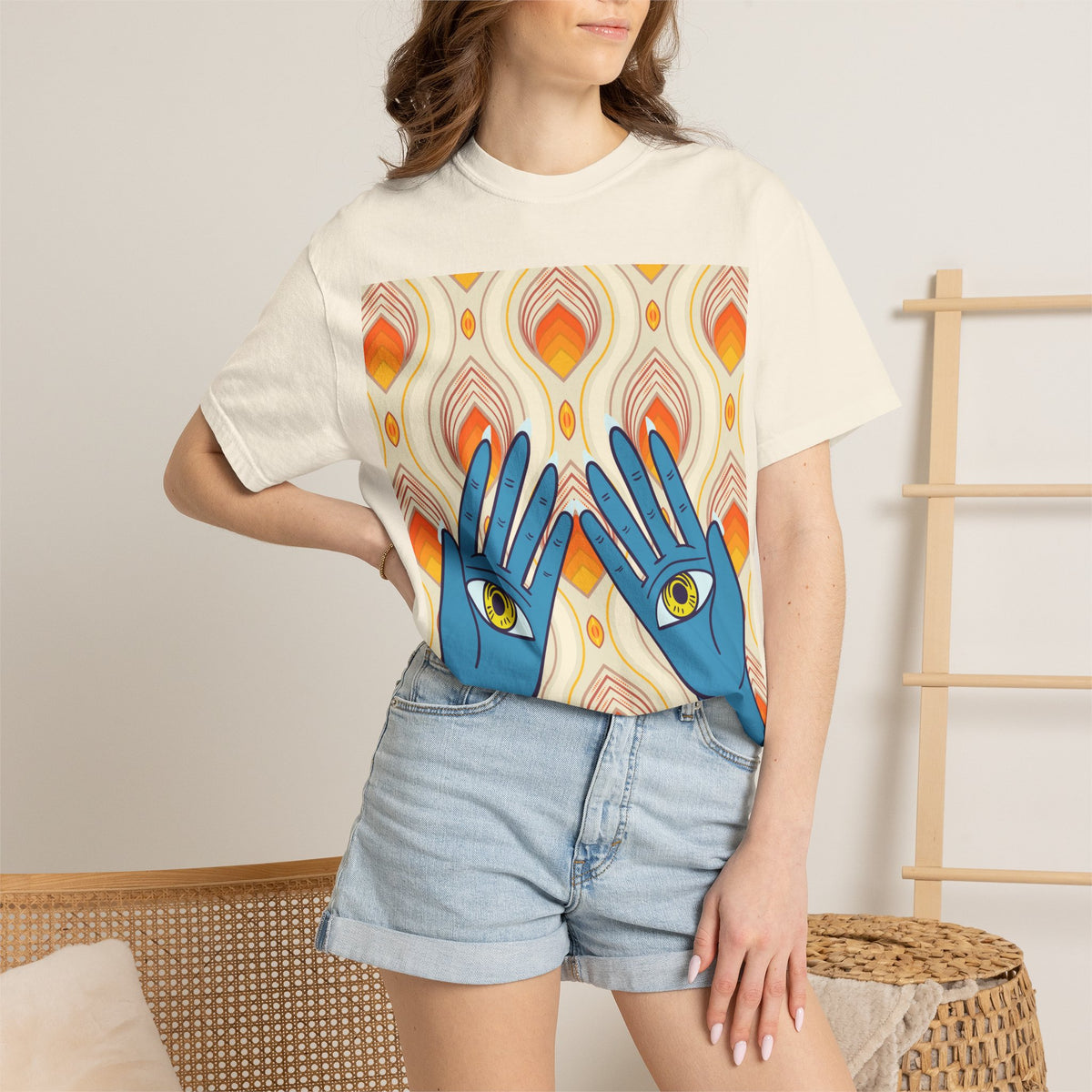 Blue Hand Eyes graphic T-shirt | Bohemian Eye Pattern Tee