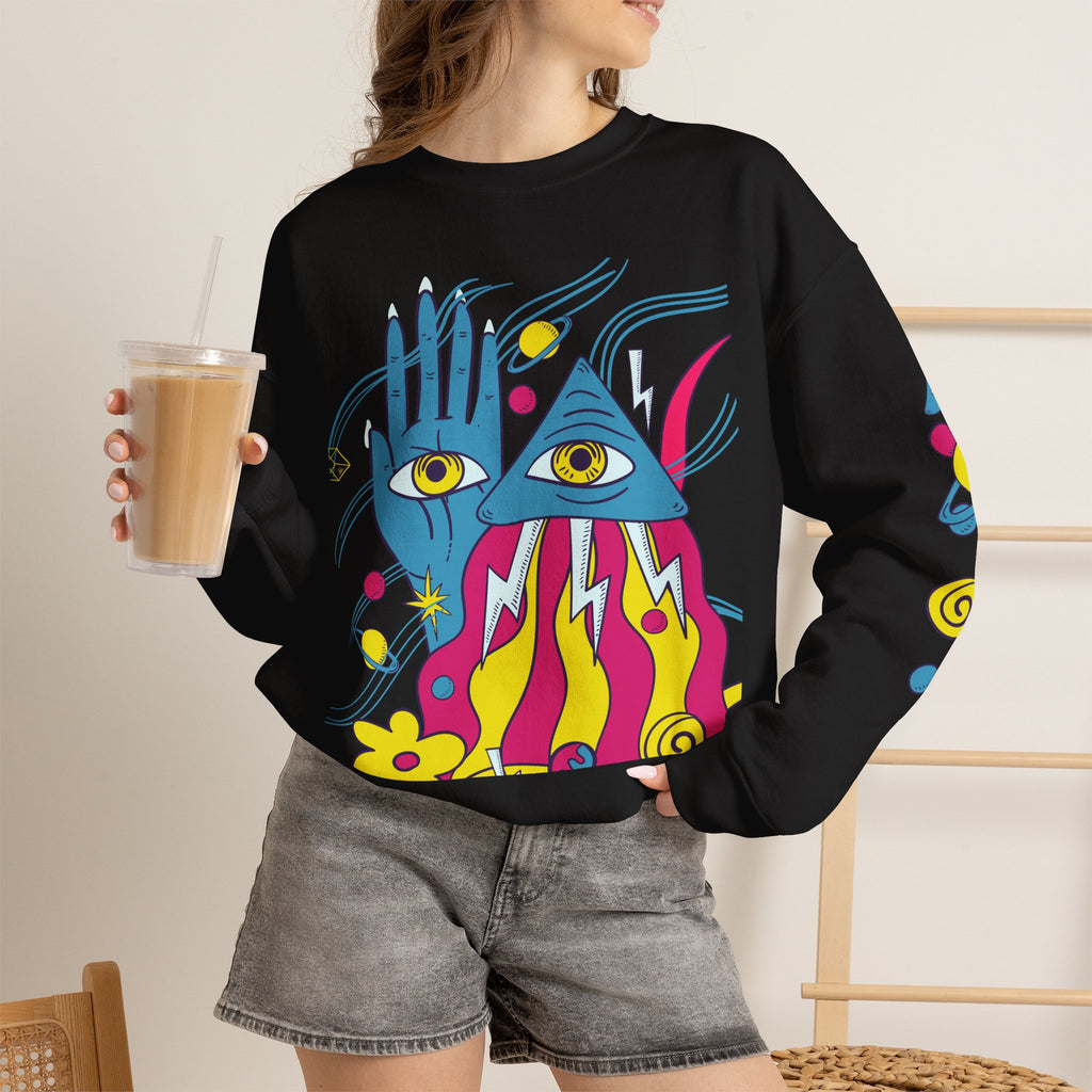 Psychedelic Third Eye Hand Sweatshirt - Cosmic All-Seeing Eye Crewneck with Neon Floral Sleeve Print