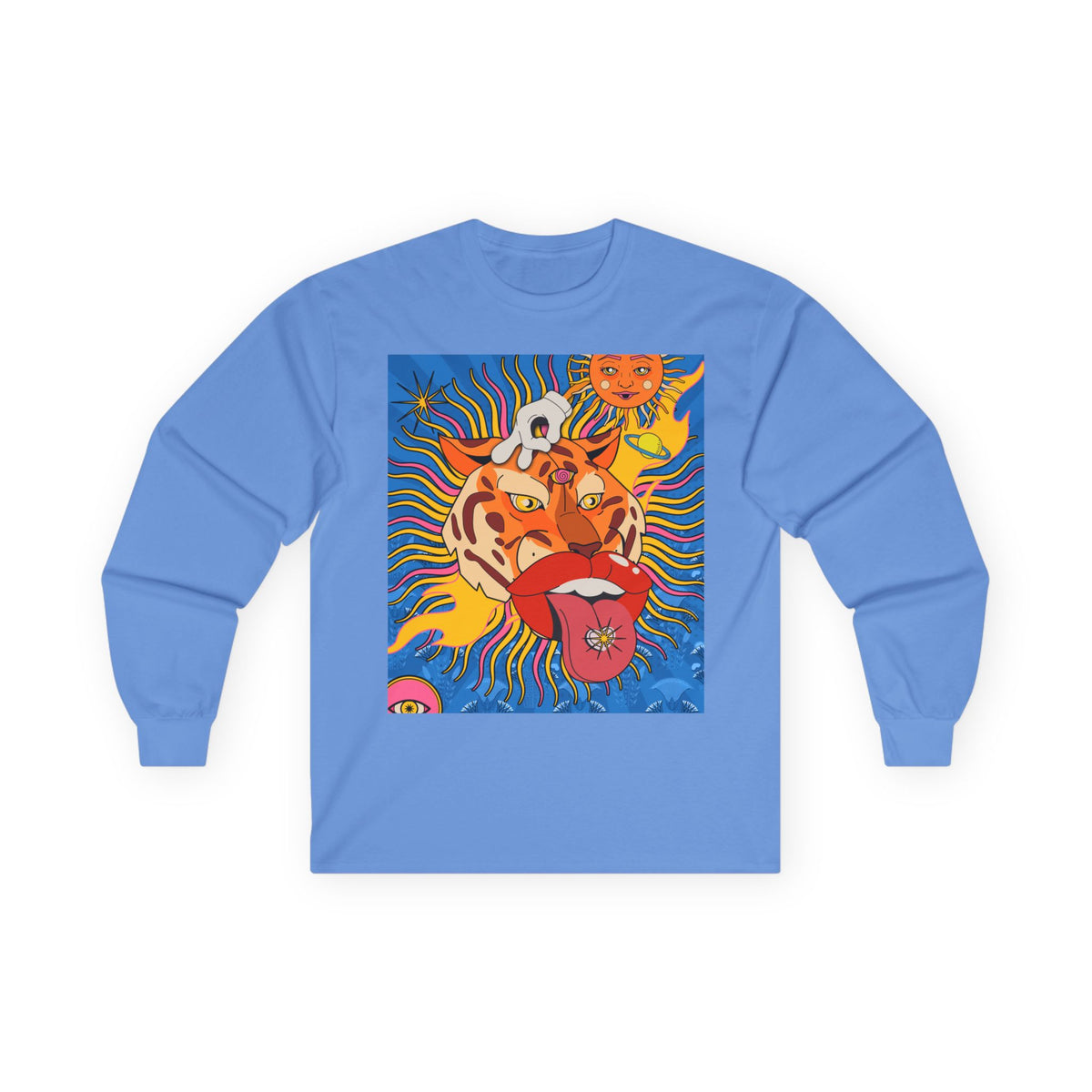 Psychedelic Sun Tiger Face long sleeve tee | Blue Hands Back Graphic