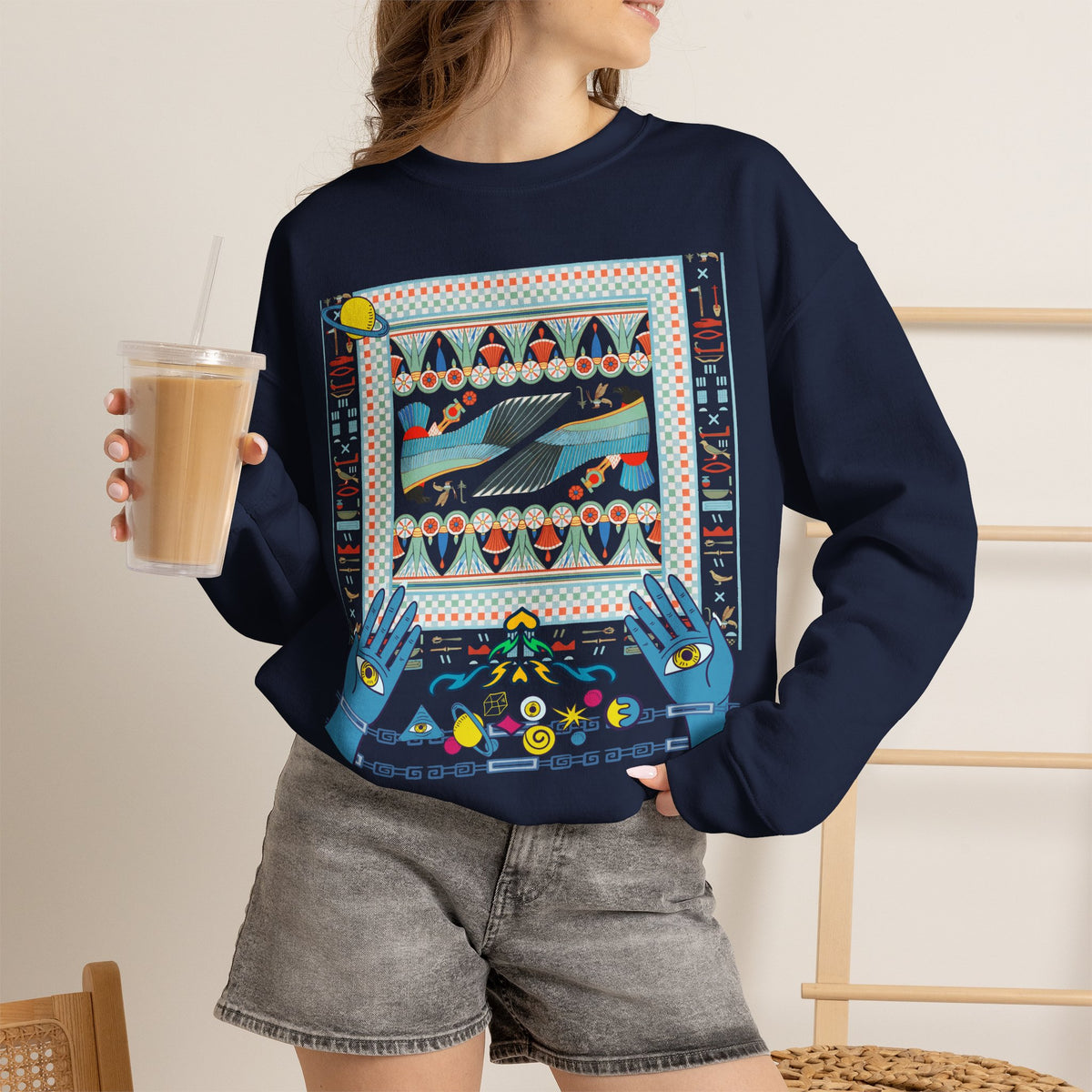 Folk Art Whale Sweatshirt - Boho Mystic Hands Crewneck, Retro Ocean Graphic Unisex Sweater