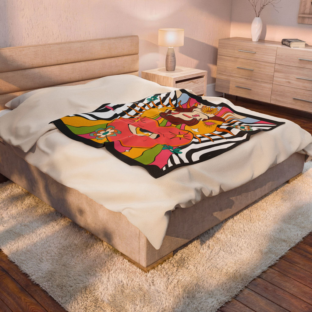 Psychedelic Heart Eye Illustration Velveteen Plush Blanket | Retro Rainbow Floral