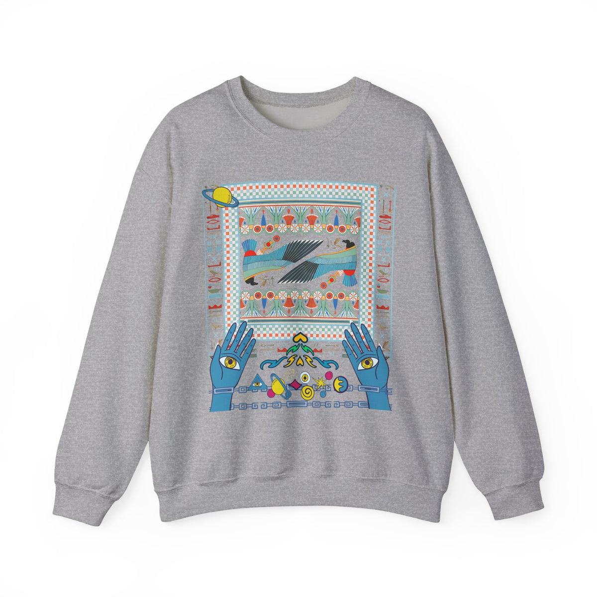 Folk Art Whale Sweatshirt - Boho Mystic Hands Crewneck, Retro Ocean Graphic Unisex Sweater