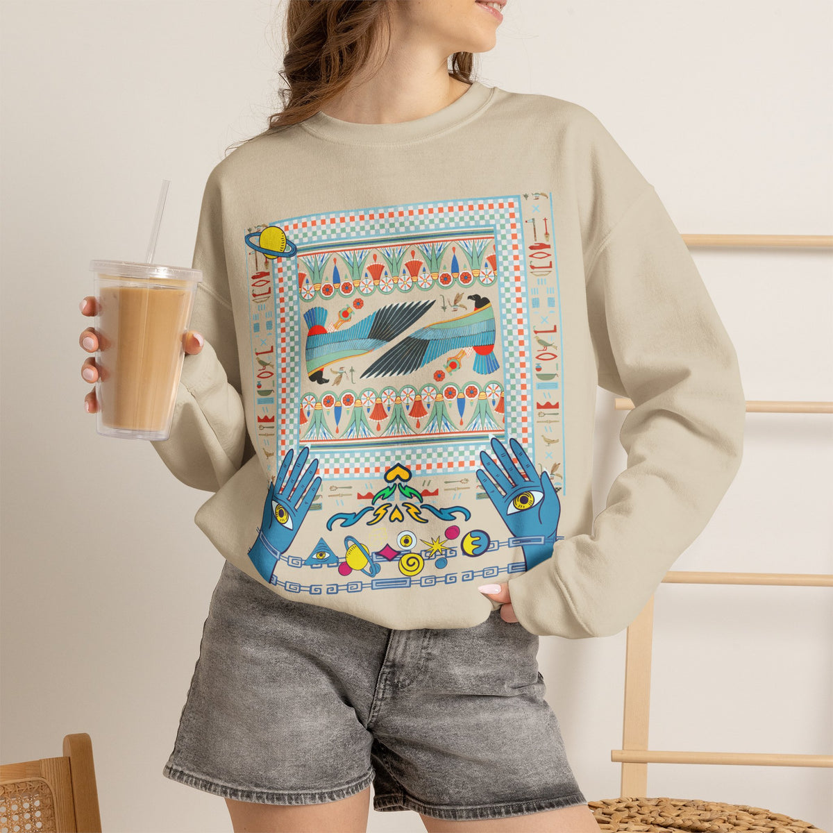 Folk Art Whale Sweatshirt - Boho Mystic Hands Crewneck, Retro Ocean Graphic Unisex Sweater