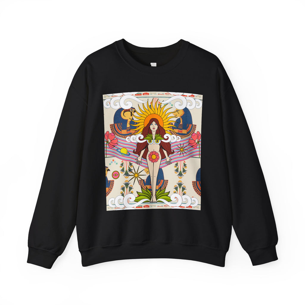 Sun Goddess Illustration Crewneck Sweatshirt | Retro Boho Floral Art