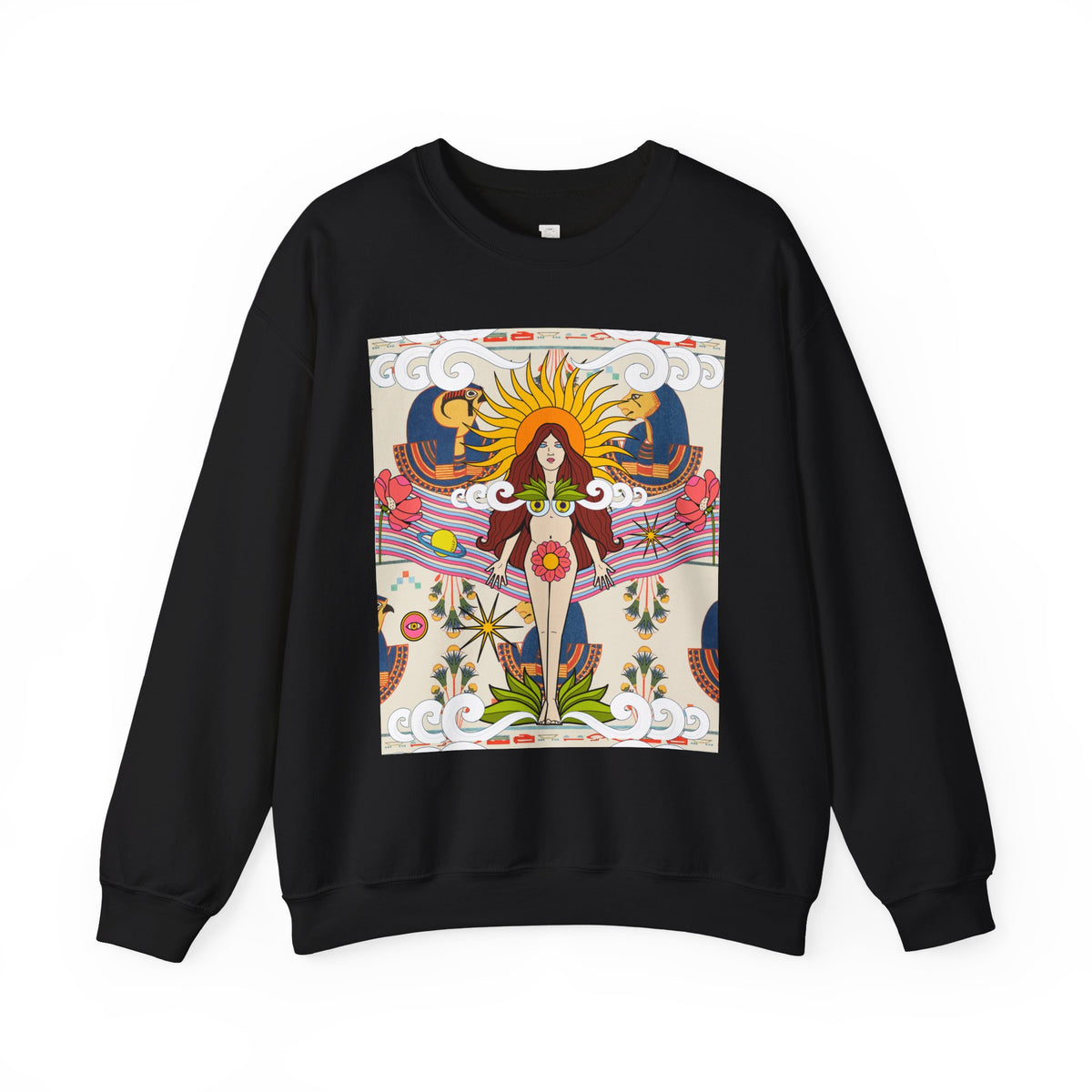Sun Goddess Illustration Crewneck Sweatshirt | Retro Boho Floral Art