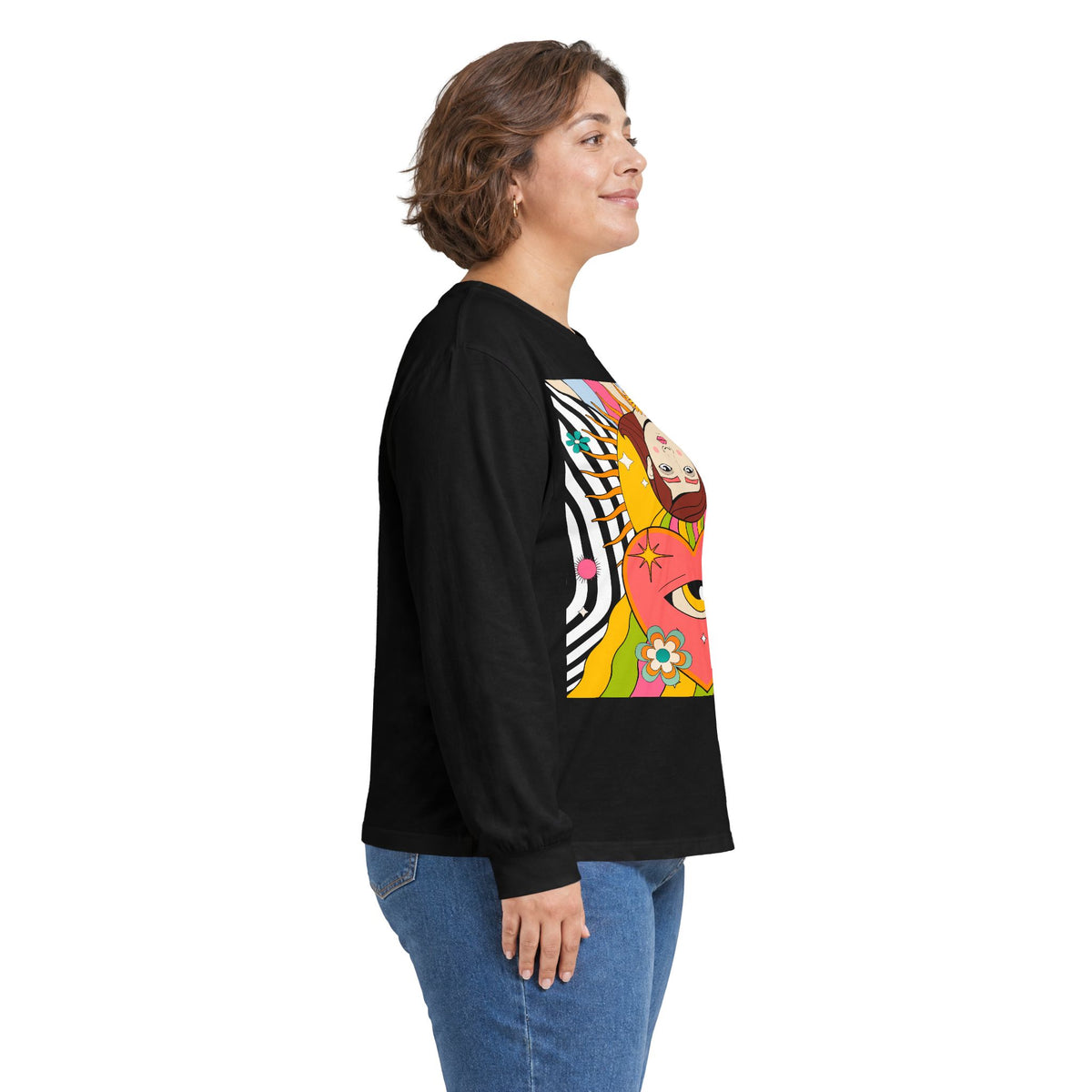 Psychedelic Sun Long Sleeve Shirt - Retro 70s Trippy Portrait Graphic Tee with Smiling Sun Back Print