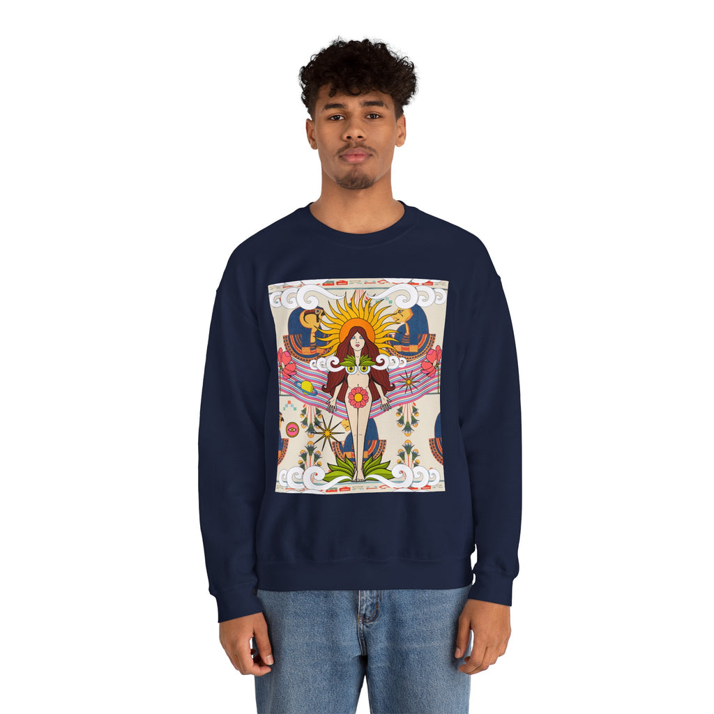Sun Goddess Illustration Crewneck Sweatshirt | Retro Boho Floral Art