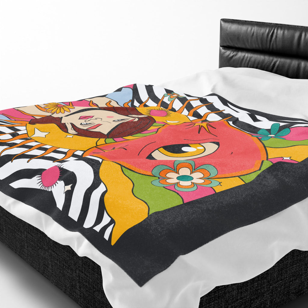 Psychedelic Heart Eye Illustration Velveteen Plush Blanket | Retro Rainbow Floral