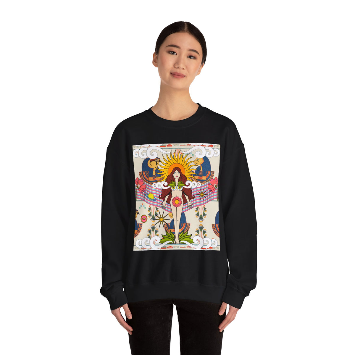 Sun Goddess Illustration Crewneck Sweatshirt | Retro Boho Floral Art