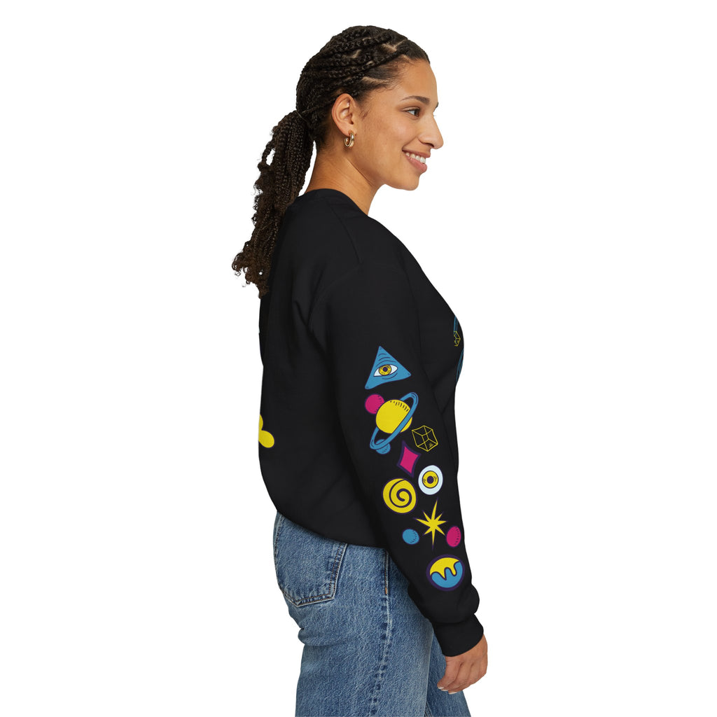 Psychedelic Third Eye Hand Sweatshirt - Cosmic All-Seeing Eye Crewneck with Neon Floral Sleeve Print