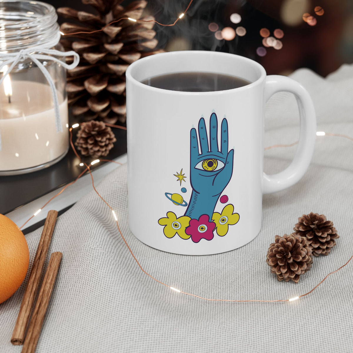Mystic Hand Coffee Mug 11oz - Blue Hamsa All-Seeing Eye Ceramic Mug, Boho Celestial Floral Tea Cup Gift