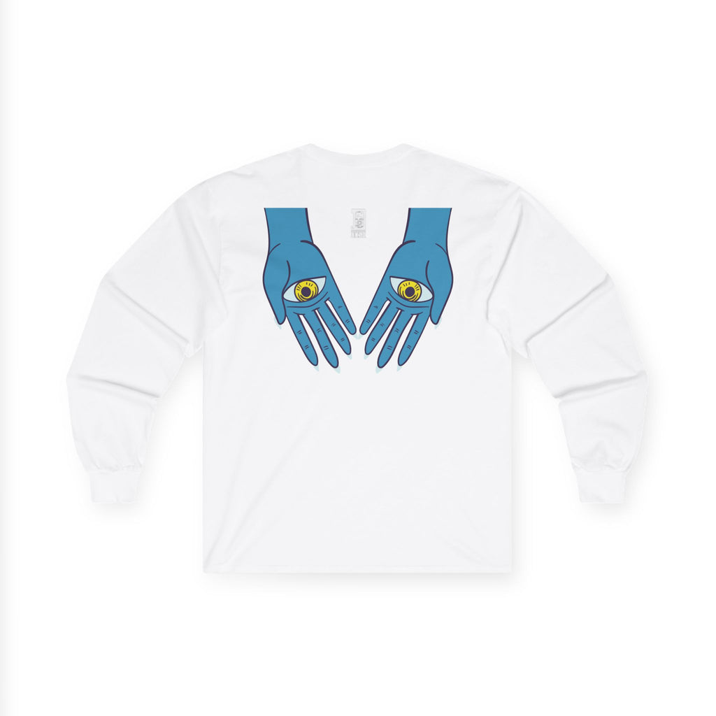Psychedelic Sun Tiger Face long sleeve tee | Blue Hands Back Graphic