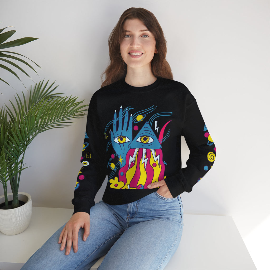 Psychedelic Third Eye Hand Sweatshirt - Cosmic All-Seeing Eye Crewneck with Neon Floral Sleeve Print