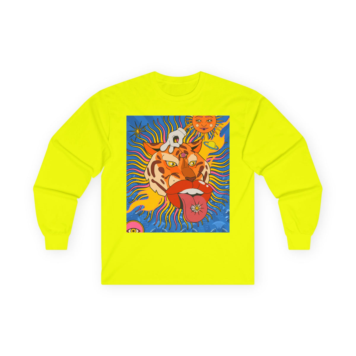 Psychedelic Sun Tiger Face long sleeve tee | Blue Hands Back Graphic