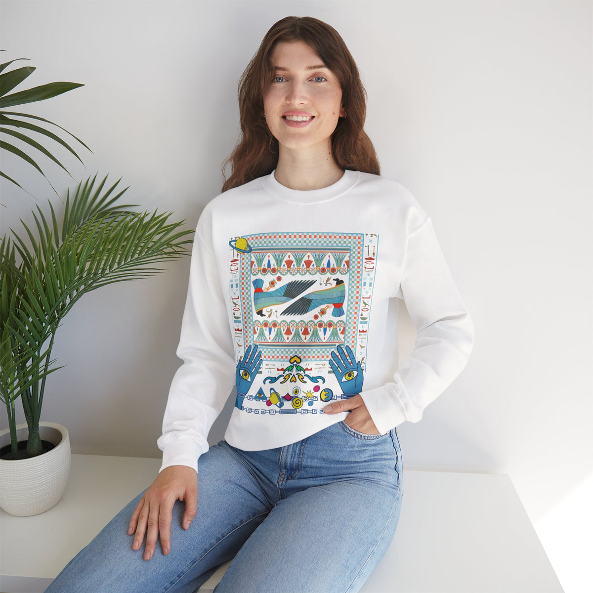 Folk Art Whale Sweatshirt - Boho Mystic Hands Crewneck, Retro Ocean Graphic Unisex Sweater