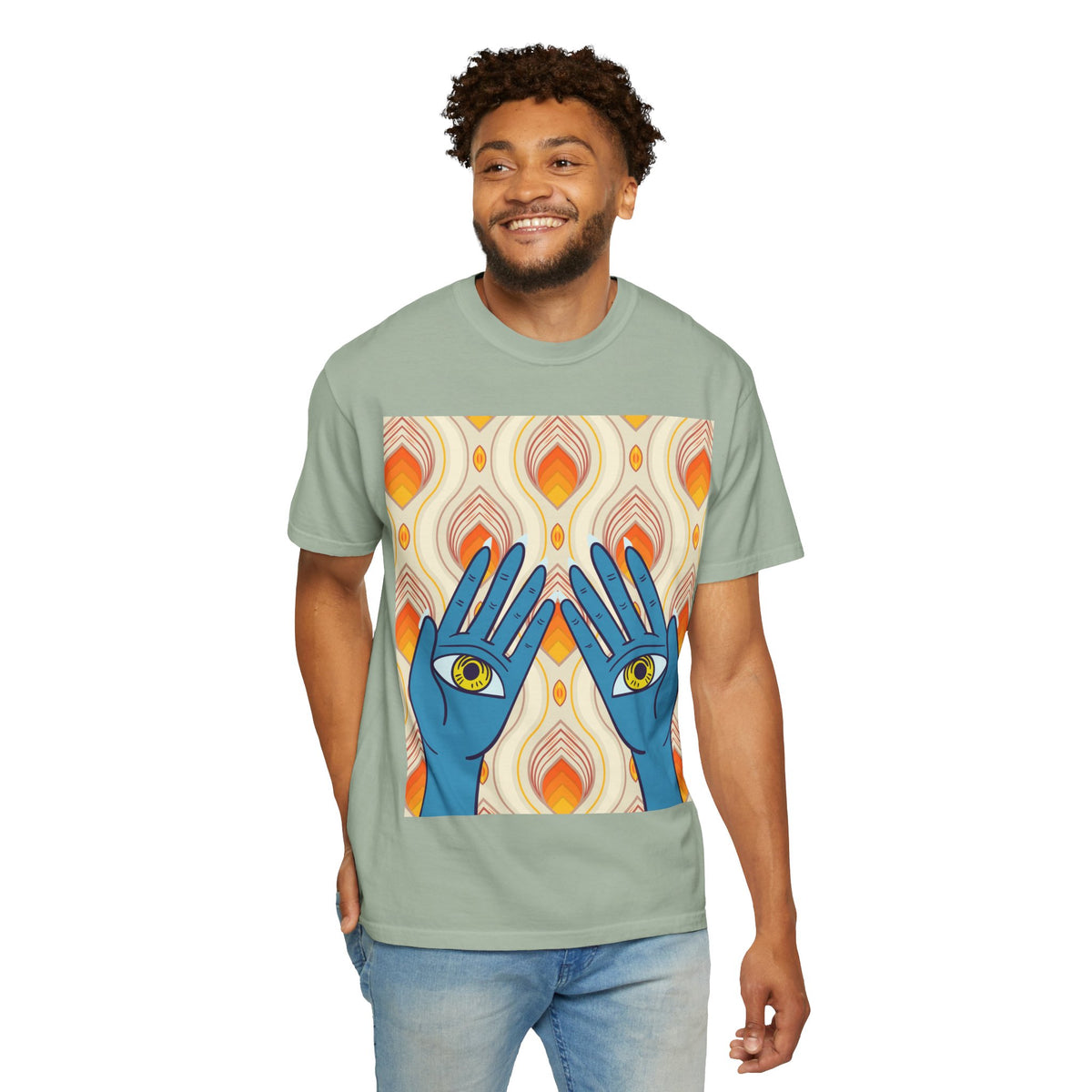Blue Hand Eyes graphic T-shirt | Bohemian Eye Pattern Tee