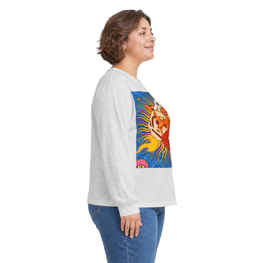 Psychedelic Sun Tiger Face long sleeve tee | Blue Hands Back Graphic