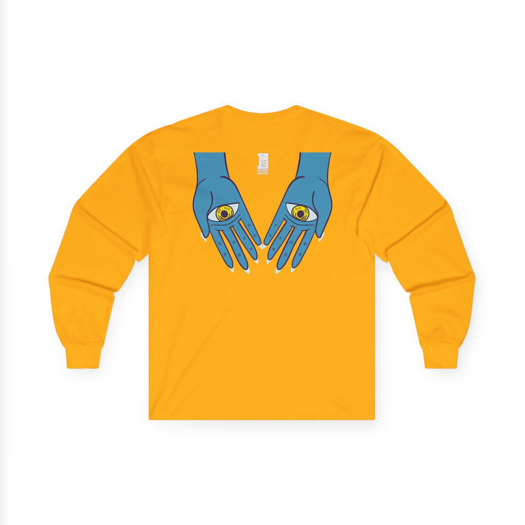 Psychedelic Sun Tiger Face long sleeve tee | Blue Hands Back Graphic