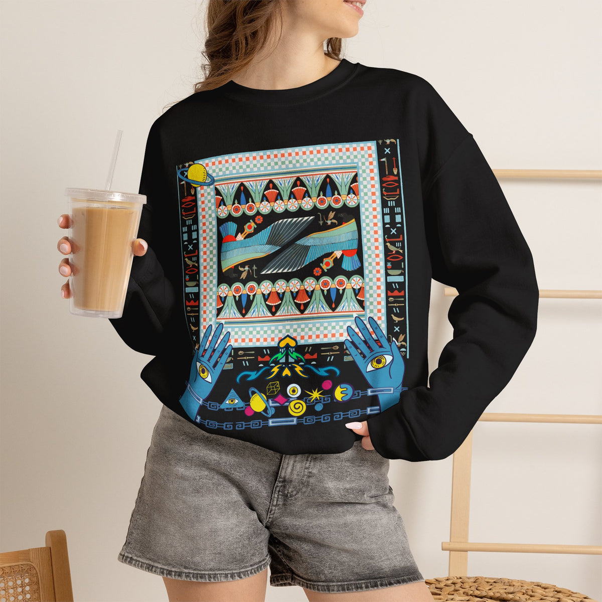 Folk Art Whale Sweatshirt - Boho Mystic Hands Crewneck, Retro Ocean Graphic Unisex Sweater
