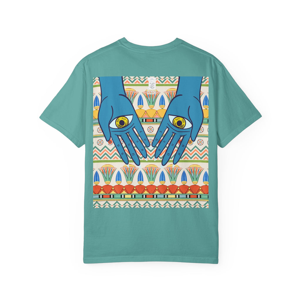 Blue Hand Eyes graphic T-shirt | Bohemian Eye Pattern Tee