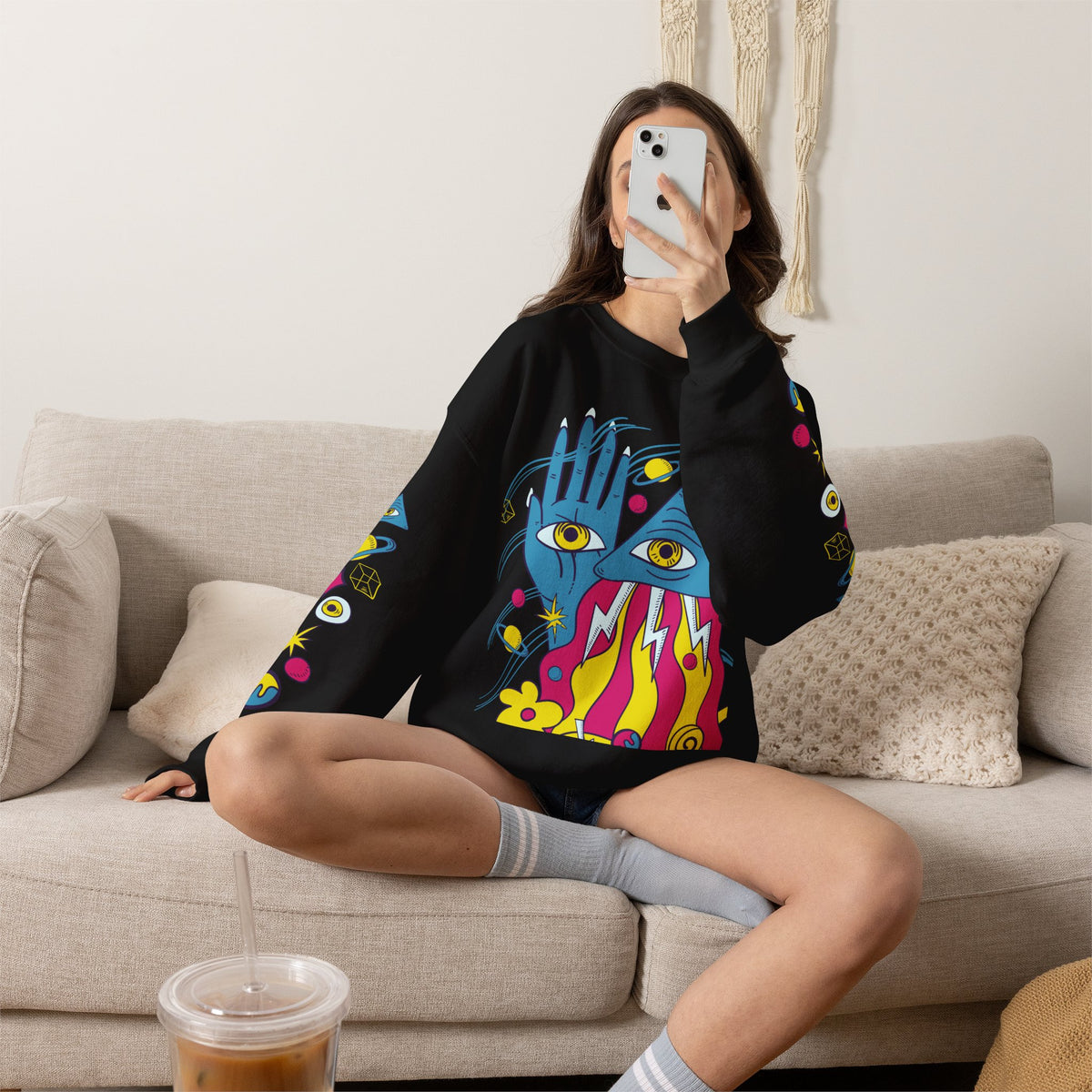 Psychedelic Third Eye Hand Sweatshirt - Cosmic All-Seeing Eye Crewneck with Neon Floral Sleeve Print