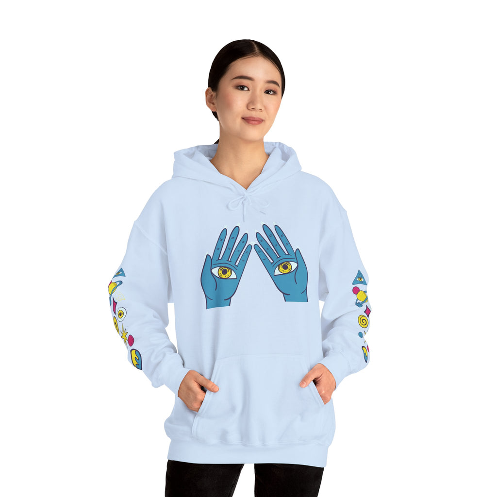 Blue Hand Eyes hoodie | Psychedelic Pattern Hoodie, Sleeve Graphic